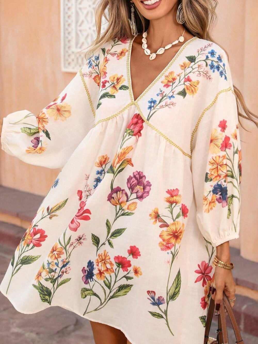 Multicolor Boho Women's V-Neck Dress with Bubble Sleeves and Ribbon Trim